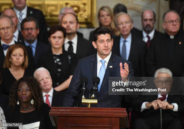 Speaker of the house, Paul Ryan addresses the crowd as the body of late-Sen. John S. McCain lies in state during a ceremony to honor the six-term...
