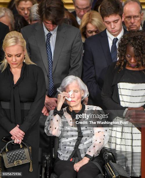 Roberta McCain wipes away tears during a ceremony where the body of her son, late-Sen. John S. McCain lies in state to honor the six-term senator...