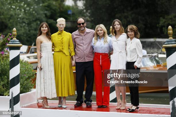 Dakota Johnson, Tilda Swinton, Luca Guadagnino, Chloe Grace Moretz, Mia Goth and Jessica Harper are seen during the 75th Venice Film Festival on...