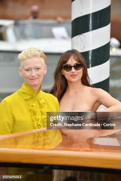 Tilda Swinton and Dakota Johnson are seen arriving at the 75th Venice Film Festival on September 1, 2018 in Venice, Italy.