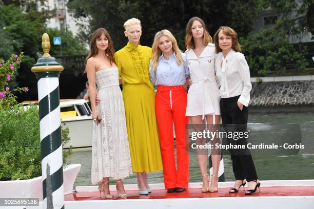 Dakota Johnson, Tilda Swinton, Chloe Grace Moretz, Mia Goth and Jessica Harper are seen arriving at the 75th Venice Film Festival on September 1,...