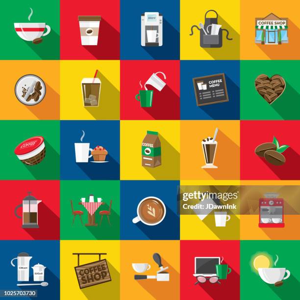 coffee flat design themed icon set with shadow - espresso machine stock illustrations