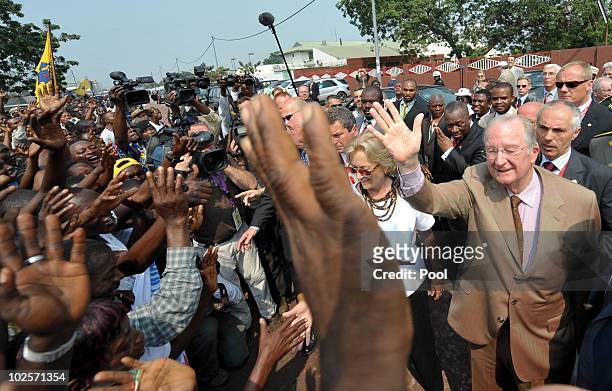 King Albert II of Belgium and Queen Paola of Belgium are welcomed as they visit the King Boudewijn Hospital on July 1, 2010 in Kinshasa, Democratic...