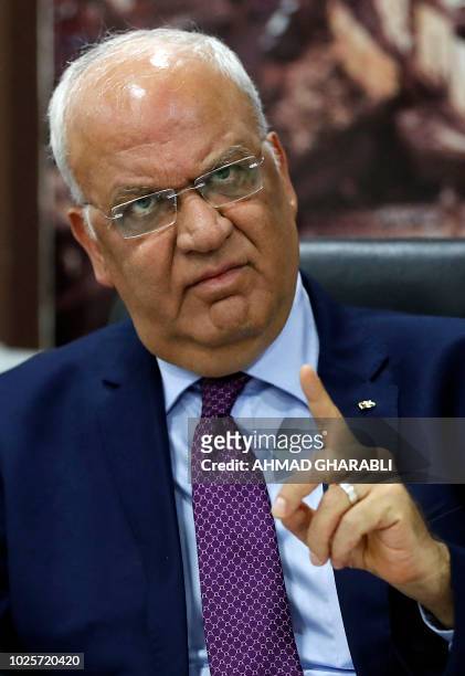 Saeb Erekat, secretary general of the Palestine Liberation Organisation, speaks to journalists in the West Bank city of Ramallah on September 1,...