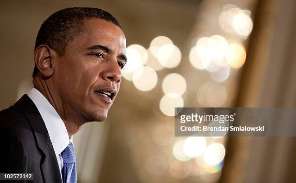 President Barack Obama speaks during bill signing in the East Room of the White House July 1, 2010 in Washington, DC. President Obama was joined by...