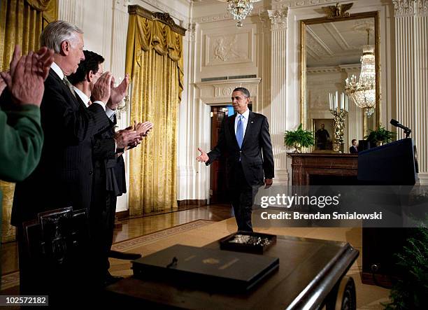 President Barack Obama arrrives for a bill signing in the East Room of the White House July 1, 2010 in Washington, DC. President Obama was joined by...