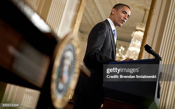 President Barack Obama speaks during a bill signing in the East Room of the White House July 1, 2010 in Washington, DC. President Obama was joined by...