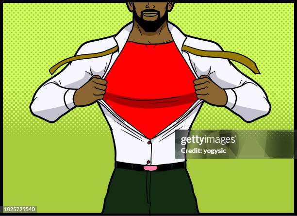 cartoon afrikanischen mann verwandelt sich in superhero - oberhemd stock-grafiken, -clipart, -cartoons und -symbole