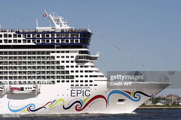 The cruise ship Norwegian Epic as she sails up the Hudson River July 1, 2010 in New York. The Norwegian Cruise Line ship, on her Maiden Voyage from...