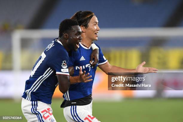 Jun Amano of Yokohama F.Marinos celebrates the second goal during the J.League J1 match between Yokohama F.Marinos and Kashiwa Reysol at Nissan...