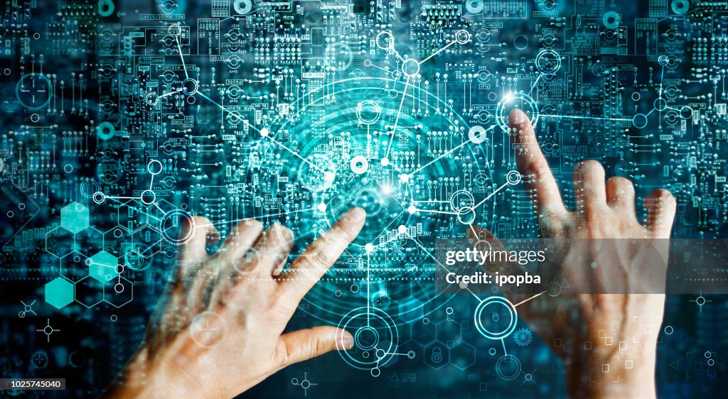Innovations systems connecting people and intelligence devices. Futuristic technology networking and data exchanges connection and computer industry from telecommunication and internet development.