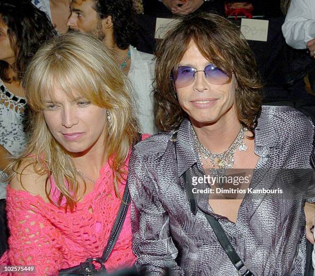 Teresa Barrick and Steven Tyler during Olympus Fashion Week Spring 2005 - Anna Sui - Front Row and Backstage at Theater Tent, Bryant Park in New York...