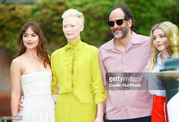 Dakota Johnson, Tilda Swinton and Luca Guadagnino is seen arriving at the 75th Venice Film Festival, on September 1, 2018 in Venice, Italy.