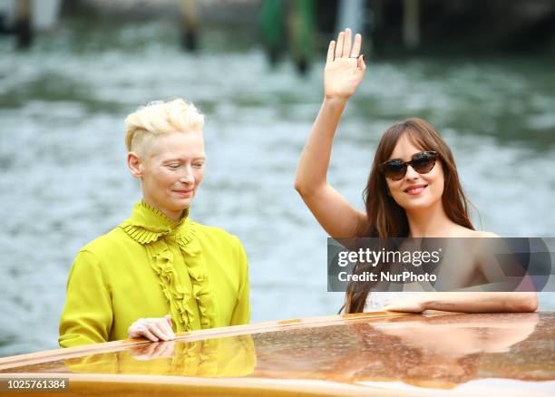 Dakota Johnson and Tilda Swinton is seen arriving at the 75th Venice Film Festival, on September 1, 2018 in Venice, Italy.