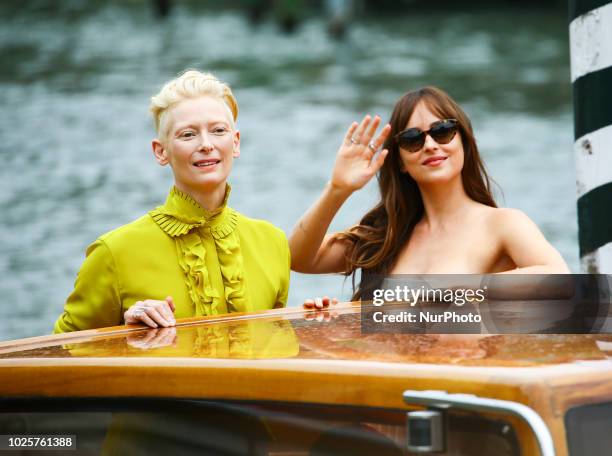 Dakota Johnson and Tilda Swinton is seen arriving at the 75th Venice Film Festival, on September 1, 2018 in Venice, Italy.