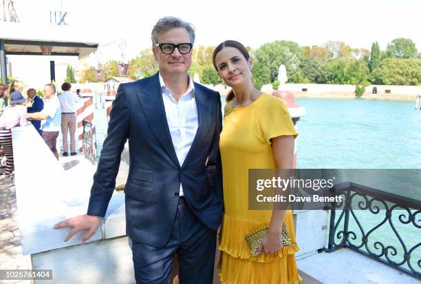 Colin Firth and Livia Firth attend a luncheon with Chopard to launch the Green Carpet Fashion Awards 2018 on September 1, 2018 in Venice, Italy.