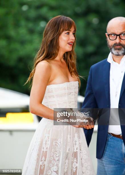 Dakota Johnson is seen arriving at the 75th Venice Film Festival, on September 1, 2018 in Venice, Italy.