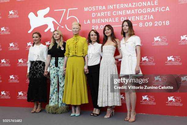 Fabrizia Sacchi, Chloe Grace Moretz, Tilda Swinton,Jessica Harper,Dakota Johnson and Mia Goth attend 'Suspiria' photocall during the 75th Venice Film...