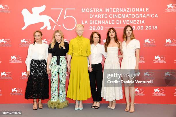 Fabrizia Sacchi, Chloe Grace Moretz, Tilda Swinton,Jessica Harper,Dakota Johnson and Mia Goth attend 'Suspiria' photocall during the 75th Venice Film...