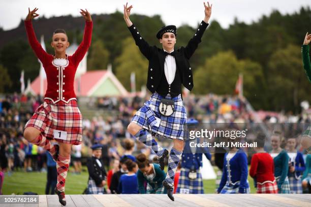 Dancers compete during the Annual Braemar Highland Gathering on September 1, 2018 in Braemar, Scotland. The Braemar Gathering is the most famous of...