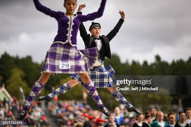 Dancers compete during the Annual Braemar Highland Gathering on September 1, 2018 in Braemar, Scotland. The Braemar Gathering is the most famous of...