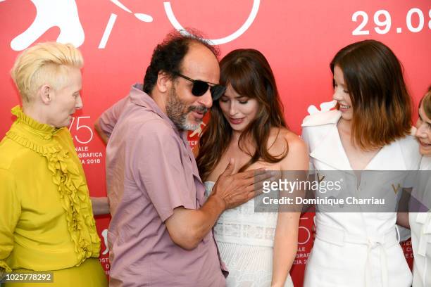 Actress Tilda Swinton, director Luca Guadagnino, actress Dakota Johnson and actress Mia Goth attend 'Suspiria' photocall during the 75th Venice Film...