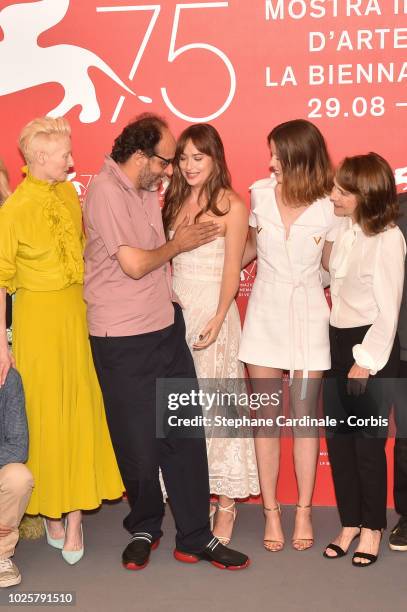 Actress Tilda Swinton, director Luca Guadagnino, actress Dakota Johnson, actress Mia Goth and actress Jessica Harper attend 'Suspiria' photocall...