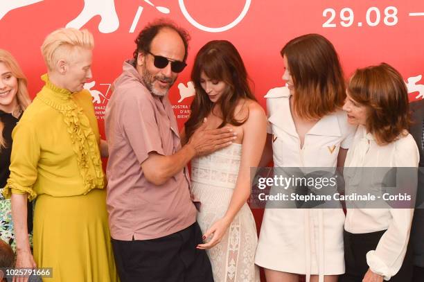 Actress Tilda Swinton, director Luca Guadagnino, actress Dakota Johnson, actress Mia Goth and actress Jessica Harper attend 'Suspiria' photocall...