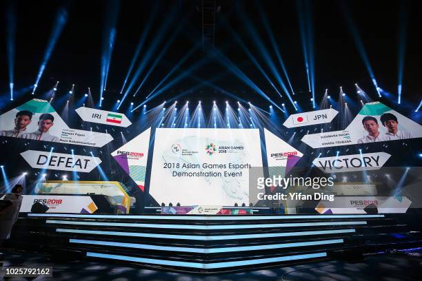 General view shows the result of Asian Games Esports Demonstration Event Pro Evolution Soccer Final match at Mahaka Square on day fourteen of the...