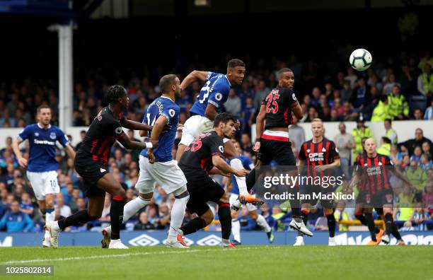 Dominic Calvert-Lewin of Everton scores his team's first goal during the Premier League match between Everton FC and Huddersfield Town at Goodison...