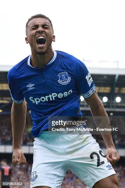 Dominic Calvert-Lewin of Everton celebrates his goal during the Premier League match between Everton and Huddersfield Town at Goodison Park on...