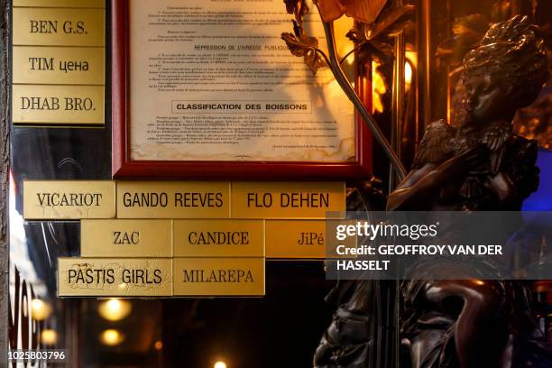 Picture shows old signs displaying clients' names on a wall in the Pile ou Face bar, formerly an escort-girl bar, in the Pigalle area of Paris on...