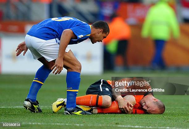 Felipe Melo of Brazil shouts at the injured Arjen Robben of the Netherlands to get up during the 2010 FIFA World Cup South Africa Quarter Final match...