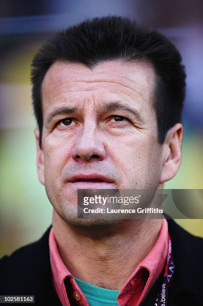 Carlos Dunga head coach of Brazil looks on prior to the 2010 FIFA World Cup South Africa Quarter Final match between Netherlands and Brazil at Nelson...