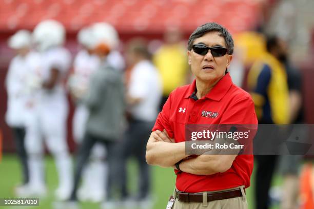 University of Maryland president Wallace Loh watches pregame before the start of the Maryland Terrapins and Texas Longhorns game at FedExField on...