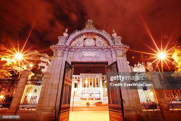 View of the Museo del Prado seen through the entrance of the Parque Buen Retiro in Madrid on May 20, 2010 in Madrid, Spain. Madrid is a big European...