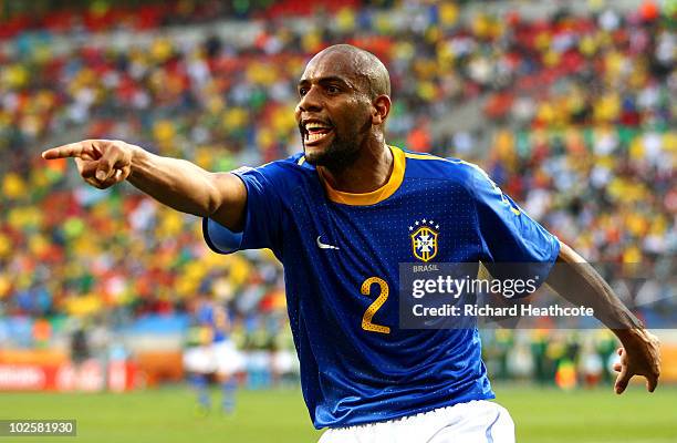 Maicon of Brazil gestures to the linesman during the 2010 FIFA World Cup South Africa Quarter Final match between Netherlands and Brazil at Nelson...