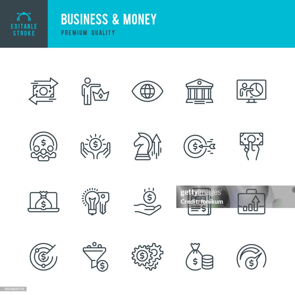 Business & geld - dunne lijn vector icons set
