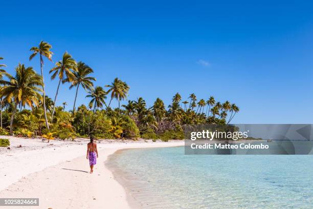 woman on a beach, aitutaki, cook islands - aitutaki stock pictures, royalty-free photos & images