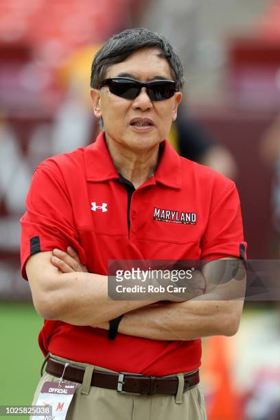 University of Maryland president Wallace Loh watches pregame before the start of the Maryland Terrapins and Texas Longhorns game at FedExField on...