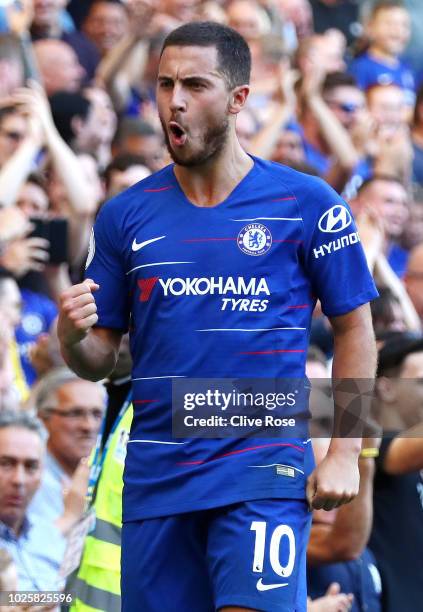 Eden Hazard of Chelsea celebrates after scoring his team's second goal during the Premier League match between Chelsea FC and AFC Bournemouth at...