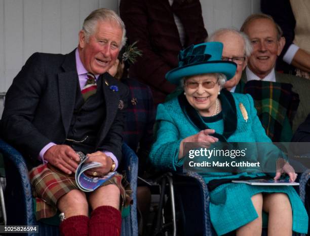 Queen Elizabeth II and The Duke of Rothesay attend the 2018 Braemar Highland Gathering at The Princess Royal and Duke of Fife Memorial Park on...