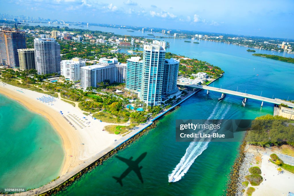 Airplane shadow arriving in Miami