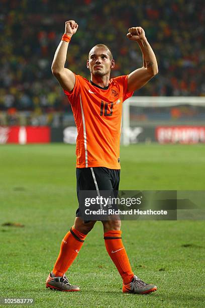 Wesley Sneijder of the Netherlands celebrates after victory and progress to the semi-finals during the 2010 FIFA World Cup South Africa Quarter Final...