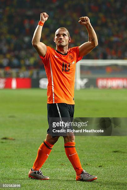 Wesley Sneijder of the Netherlands celebrates after victory and progress to the semi-finals during the 2010 FIFA World Cup South Africa Quarter Final...