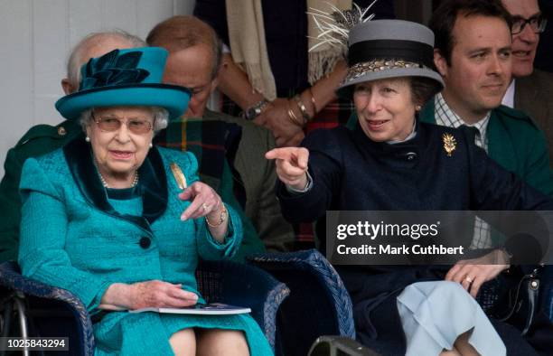 Queen Elizabeth II and Princess Anne, Princess Royal attend the 2018 Braemar Highland Gathering at The Princess Royal and Duke of Fife Memorial Park...