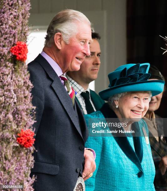 Prince Charles, Prince of Wales and Queen Elizabeth II attend the 2018 Braemar Highland Gathering at The Princess Royal and Duke of Fife Memorial...