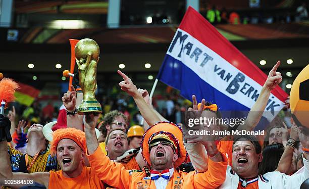 Netherlands fans celebrate victory, and progression to the semi-finals, following the 2010 FIFA World Cup South Africa Quarter Final match between...