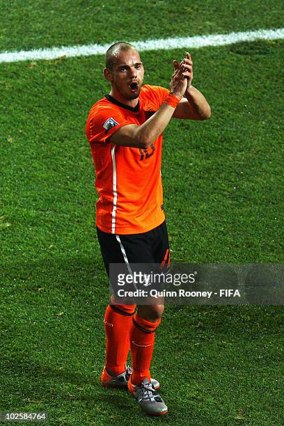 Wesley Sneijder of the Netherlands celebrates after the 2010 FIFA World Cup South Africa Quarter Final match between Netherlands and Brazil at Nelson...
