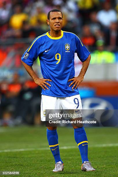 Luis Fabiano of Brazil looks on during the 2010 FIFA World Cup South Africa Quarter Final match between Netherlands and Brazil at Nelson Mandela Bay...